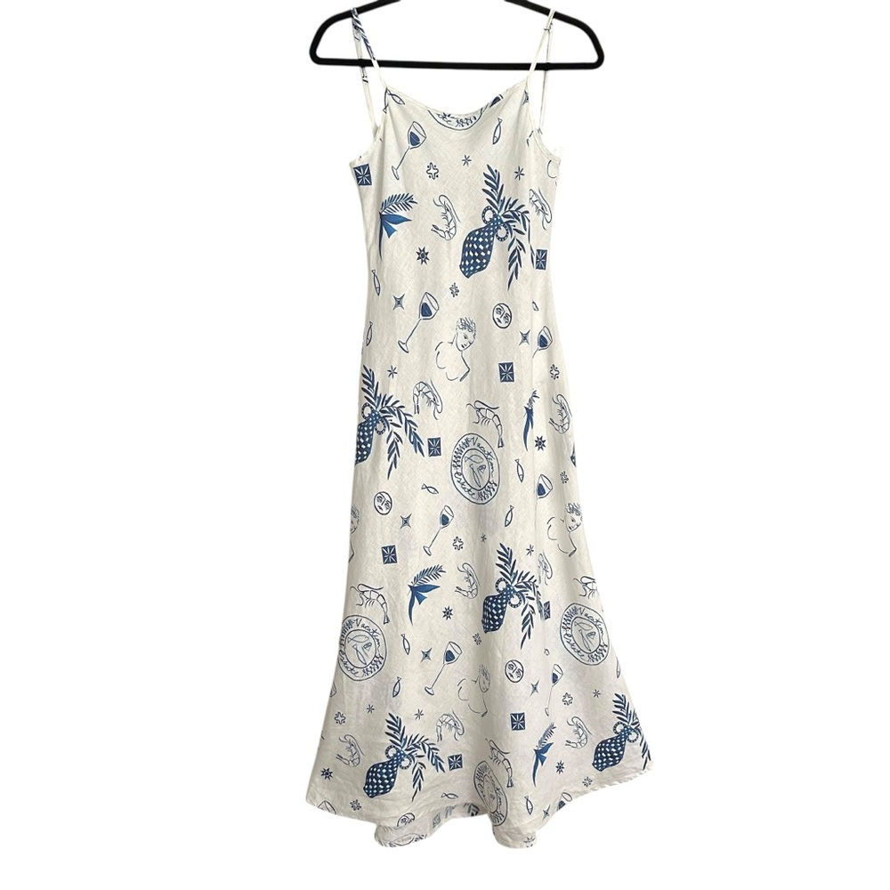 Cream Midi Slip Dress with Blue Tropical Print